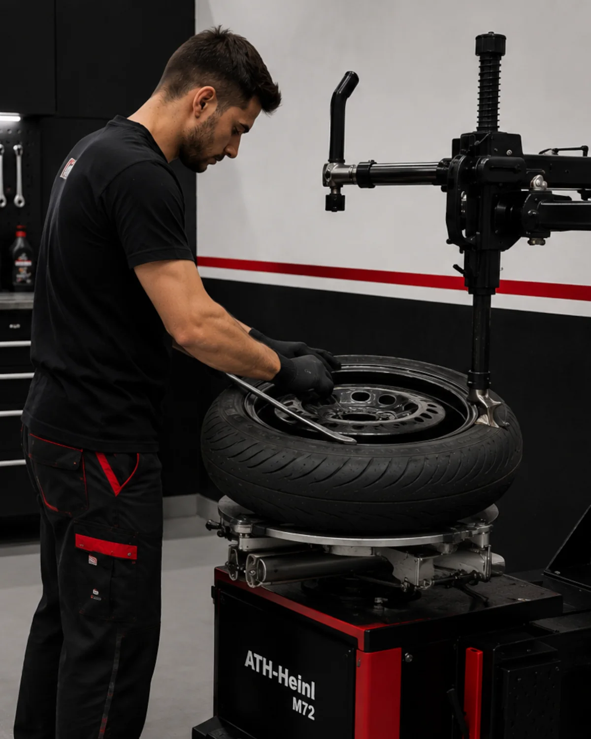 Mecánico realizando el montaje de un neumático de motocicleta con máquina profesional en MiMOTO Coín.