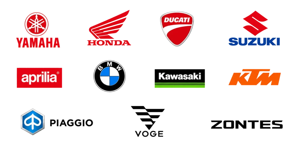 Logotipos de Yamaha, Honda, Ducati, Suzuki, Aprilia, BMW, Kawasaki, KTM, Piaggio, Voge y Zontes.