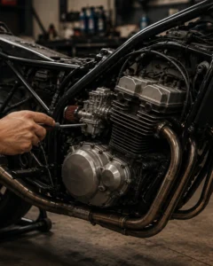Mecánico realizando una reparación de mecánica general en el carburador de una motocicleta en el taller MiMOTO de Coín.