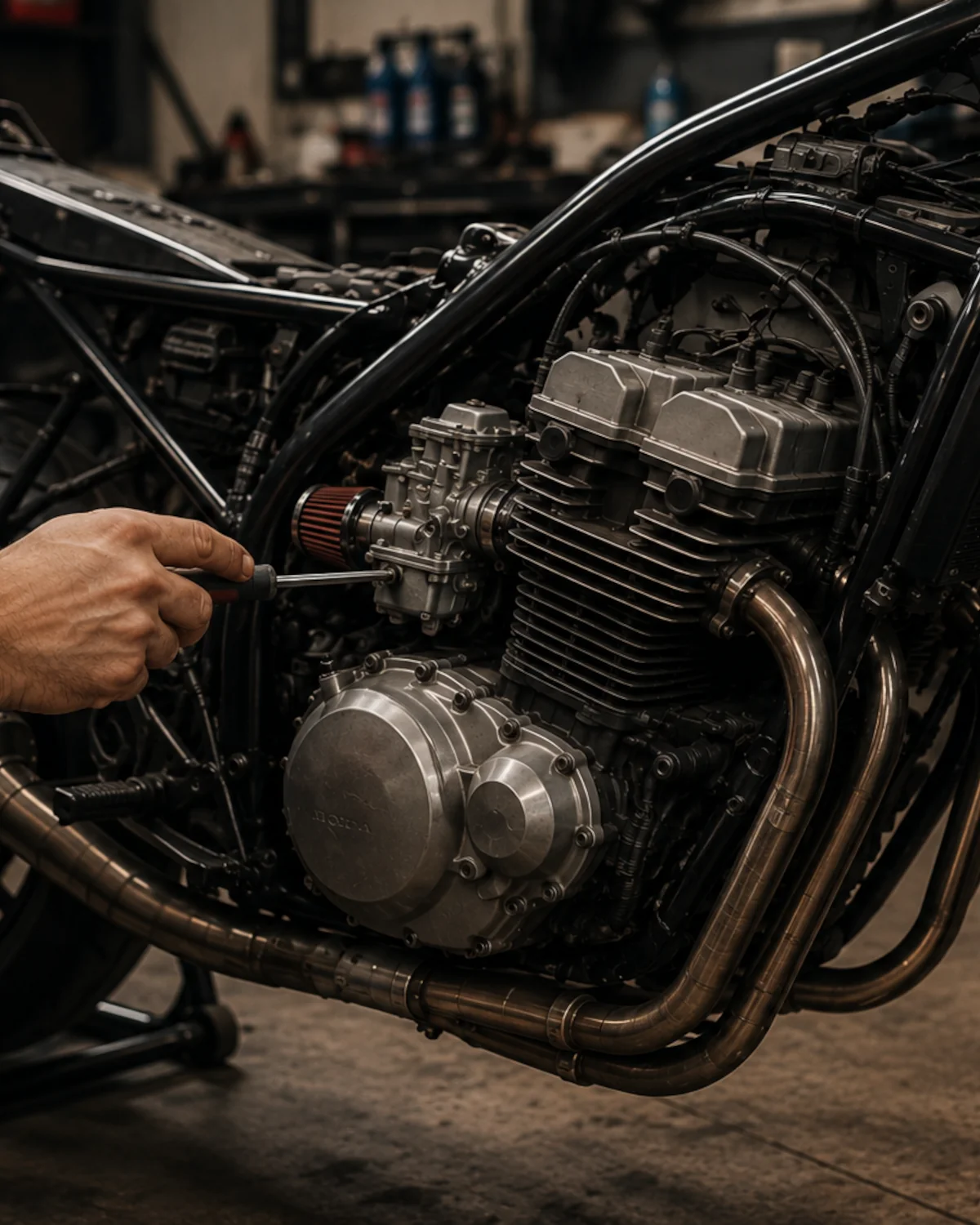 Mecánico realizando una reparación de mecánica general en el carburador de una motocicleta en el taller MiMOTO de Coín.