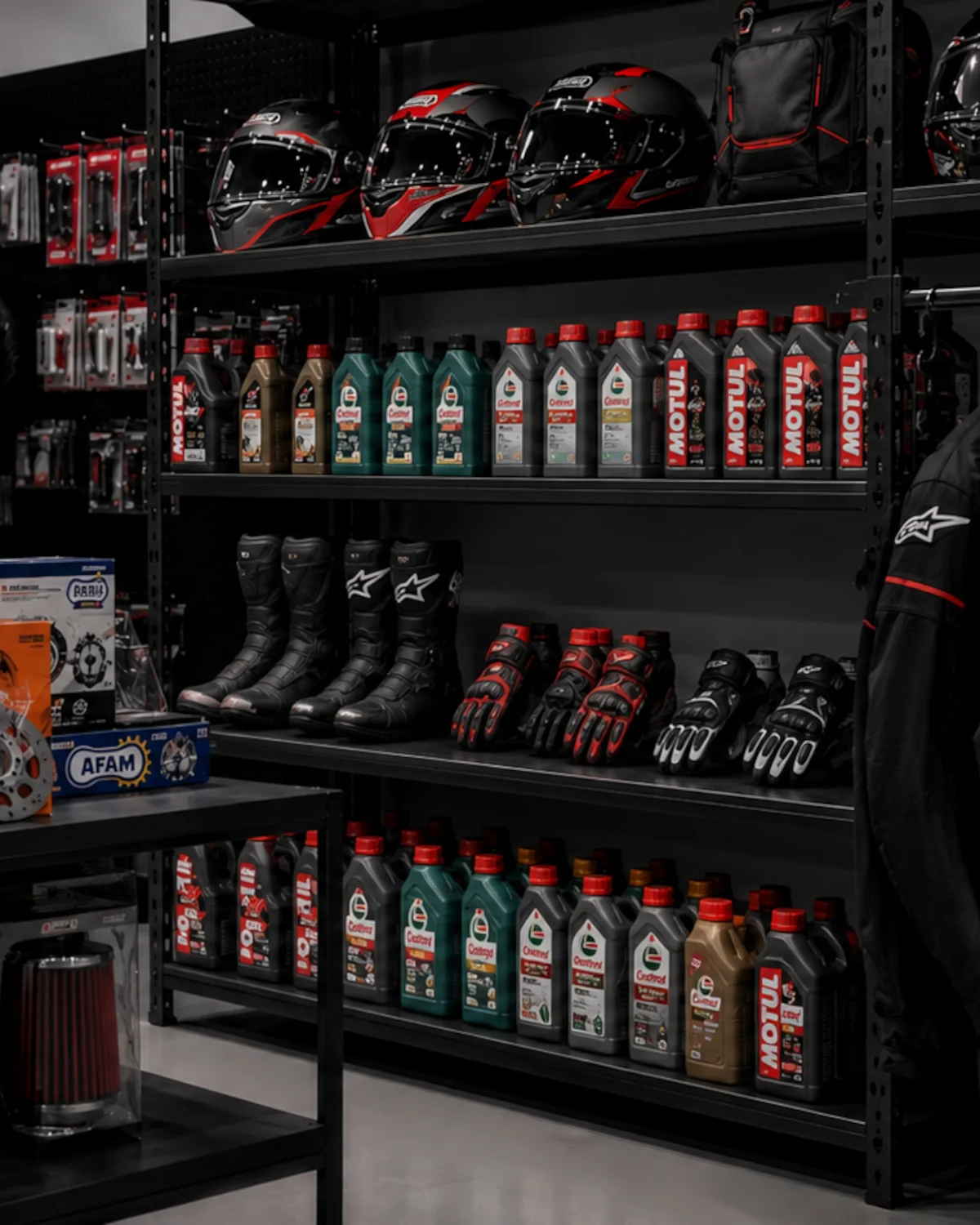 Estantería con recambios, aceites, cascos, chaquetas, botas y accesorios para motocicletas en MiMOTO Coín.