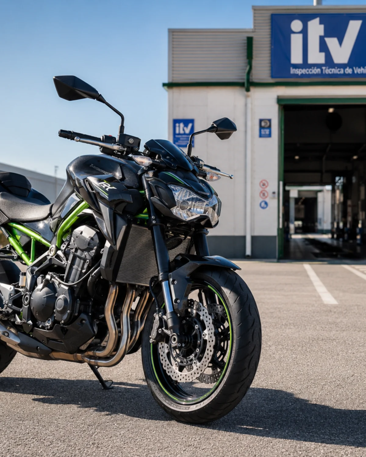 Motocicleta preparada para pasar la revisión Pre-ITV frente a una estación de ITV en Andalucía.